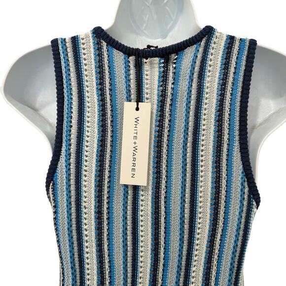 White + Warren Blue White Stripe Mercerized Cotton Fringe Midi Dress XS NEW Tags - Picture 10 of 10